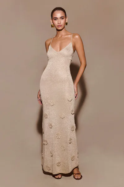 MESHKI Suki Metallic Knit Maxi Dress - Gold