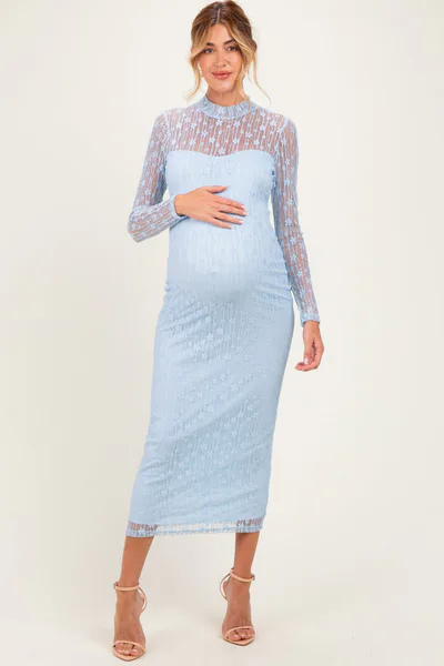 PinkBlush Light Blue Lace Mock Neck Long Sleeve Maternity Maxi Dress