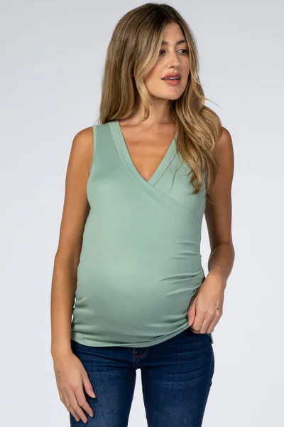 PinkBlush Light Olive Crossover Ruched Maternity Nursing Tank