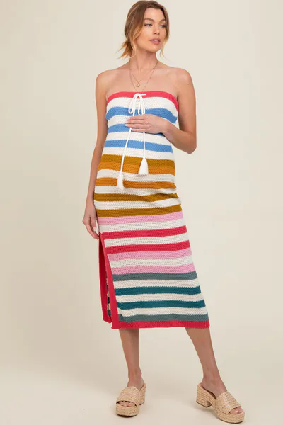 PinkBlush Multi Stripe Strapless Knit Fitted Maternity Midi Dress