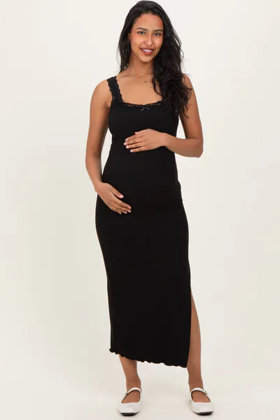PinkBlush Black Lace Trim Side Slit Maternity Tank Dress