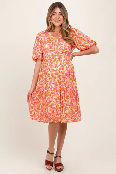PinkBlush Pink Floral Button Down V-Neck Short Sleeve Maternity Dress