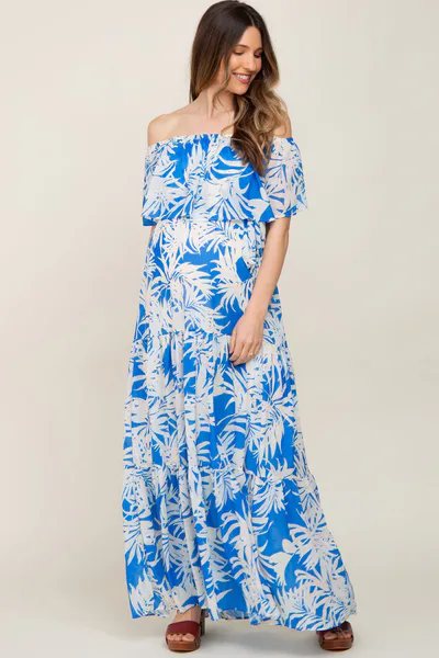 PinkBlush Blue Leaf Print Strapless Tiered Maternity Maxi Dress
