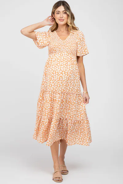 PinkBlush Peach Floral Tiered Maternity Midi Dress