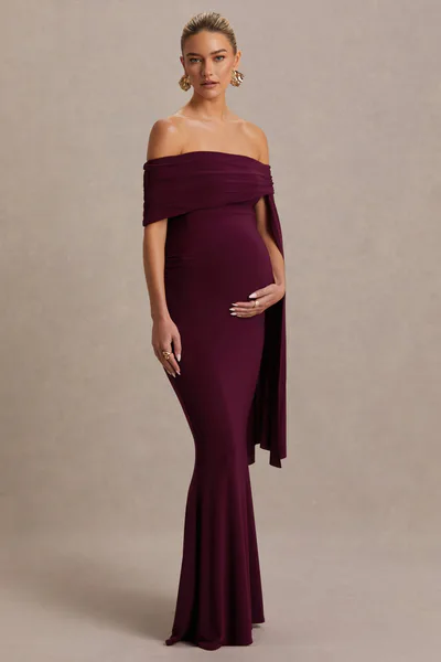 Club L London Aquila | Burgundy Bardot Maternity Maxi Dress With Draped Detail