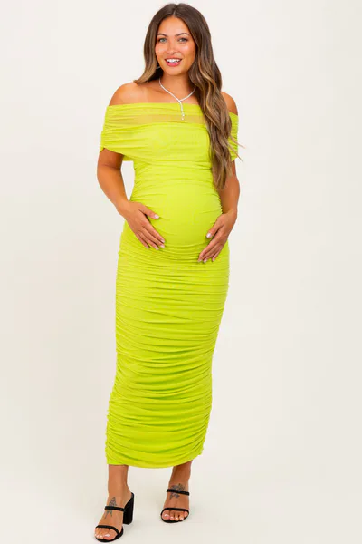 PinkBlush Lime Ruched Mesh Foldover Off Shoulder Maternity Maxi Dress