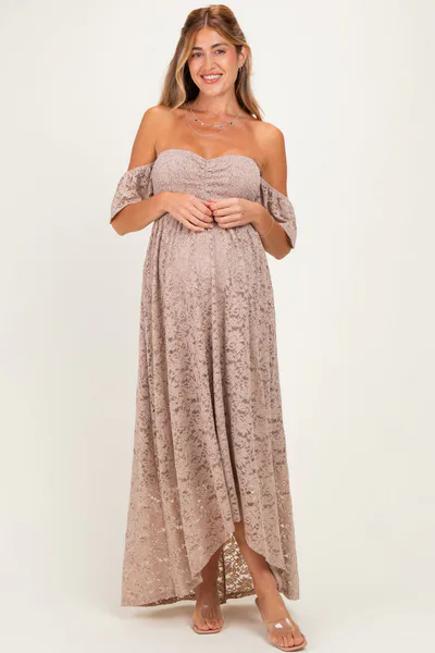 PinkBlush Mocha Lace Off Shoulder Maternity Maxi Dress
