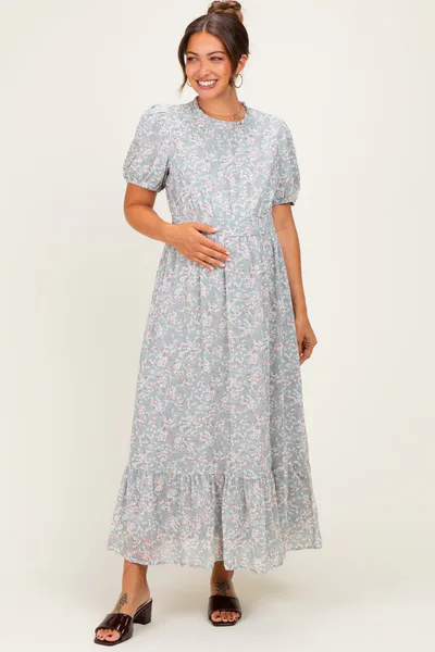 PinkBlush Sage Floral Chiffon Maternity Maxi Dress