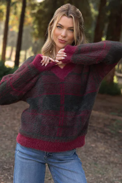 PinkBlush Burgundy Plaid Fuzzy Knit V-Neck Maternity Sweater