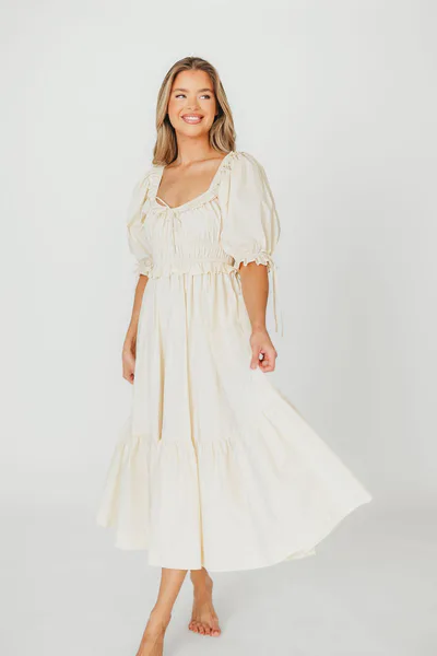 Worth Collective Crissy 100% Cotton Ruched Midi Dress in Cream - Bump Friendly