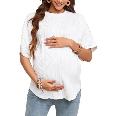 Target Garvee Maternity Summer & Spring Tops Crew Neck Raglan Short Sleeve Ruffled Loose Fit Maternity Blouses Beige L