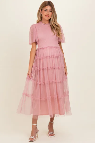 PinkBlush Pink Smocked Top Mesh Midi Dress