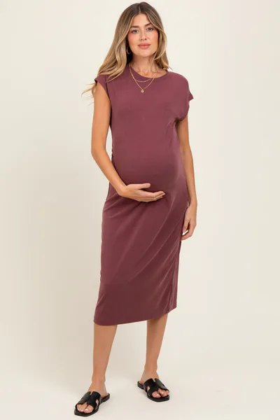 PinkBlush Burgundy Solid Short Sleeve Maternity Midi Dress