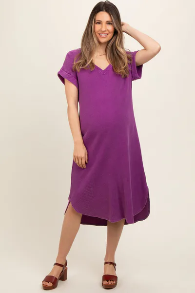 PinkBlush Purple Waffle Knit Short Sleeve Maternity Dress