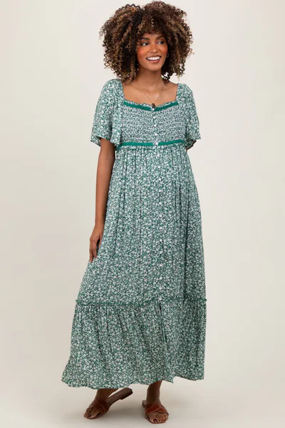 PinkBlush Green Smocked Button Down Flutter Sleeve Maternity Maxi Dress