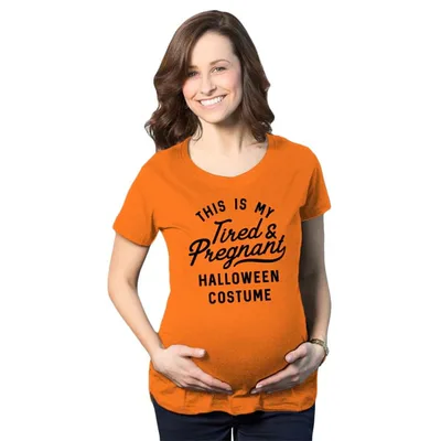 Target Maternity This Is My Tired and Pregnant Halloween Disguise T Shirt - Crazy Dog Maternity T Shirt For Halloween Season Orange S