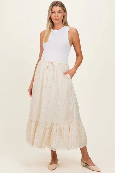 PinkBlush Light Yellow Print Lace Trim Maternity Midi Skirt