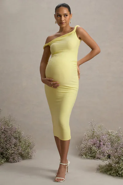 Club L London Salome | Lemon Twisted Asymmetric Maternity Midi Dress
