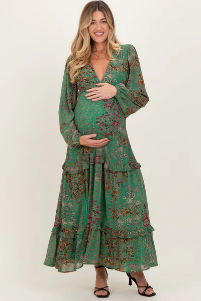 PinkBlush Green Floral Chiffon V-Neck Long Sleeve Maternity Maxi Dress