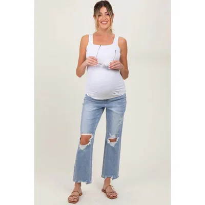 Target Pinkblush Light Blue Distressed Cutout Maternity Straight Leg Ankle Jeans 26