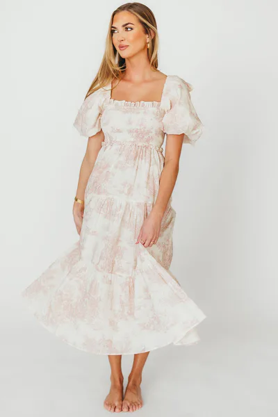 Worth Collective Elena 100% Cotton Toile Print Smocked Midi Dress in Pink - Bump Friendly & Inclusive Sizing *5/19 PRE-ORDER*