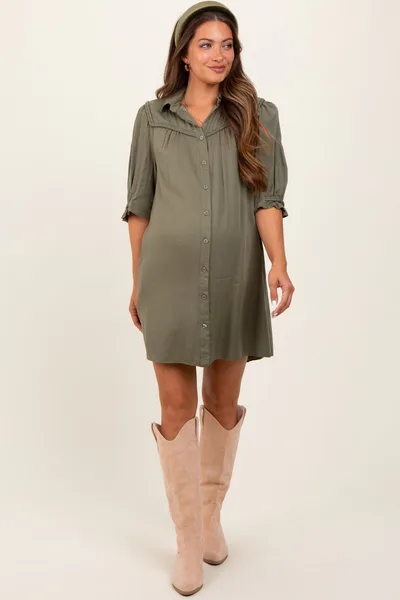 PinkBlush Olive Braided Trim Detail Button Down Maternity Dress
