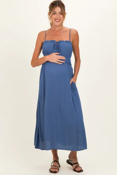 PinkBlush Denim Blue Solid Smocked Maternity Maxi Dress
