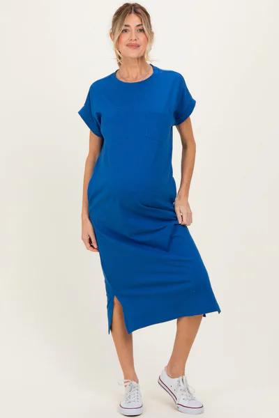 PinkBlush Royal Blue Pocket Front Maternity Midi T-Shirt Dress