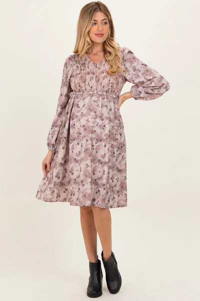 PinkBlush Beige Floral Smocked Long Sleeve Maternity Dress