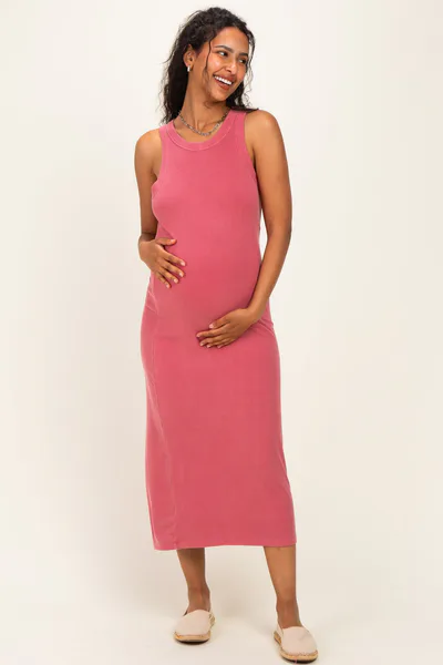 PinkBlush Berry Ribbed Maternity Midi Tank Dress