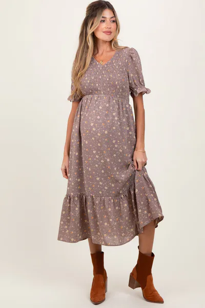 PinkBlush Mauve Floral Print Smocked Ruffle Hem Maternity Midi Dress
