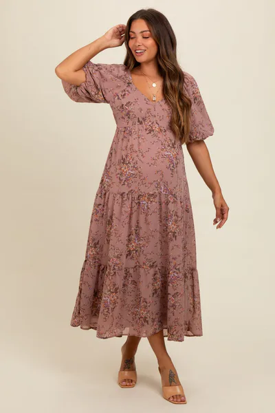 PinkBlush Mauve Floral Tiered Puff Sleeve Maternity Maxi Dress