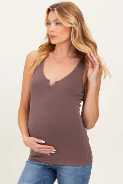 PinkBlush Brown Ribbed Split Neck Maternity Tank Top