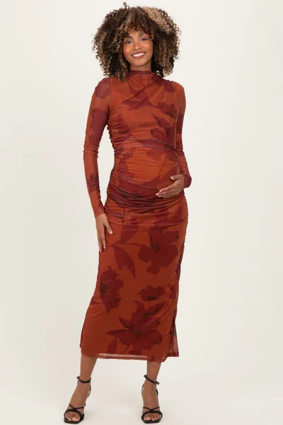 PinkBlush Rust Floral Mesh Ruched Long Sleeve Maternity Midi Dress