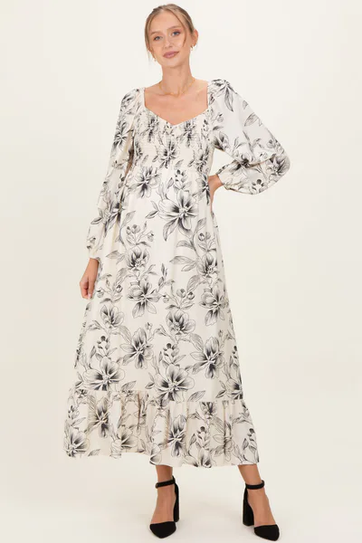 PinkBlush Cream Floral Smocked Long Sleeve Maternity Maxi Dress