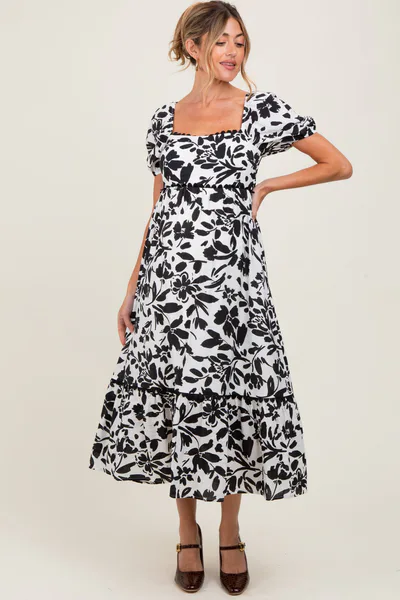 PinkBlush Black Floral Scallop Trim Puff Sleeve Maternity Midi Dress