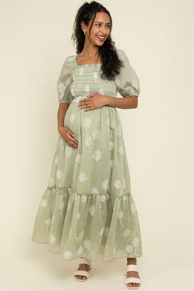 PinkBlush Fern Embroidered Floral Smocked Maternity Maxi Dress