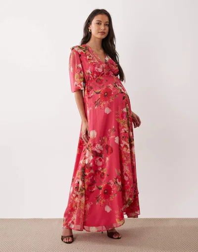 ASOS Hope & Ivy Maternity flutter sleeve wrap detail maxi dress in pink floral print