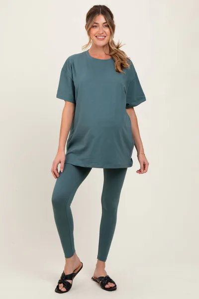 PinkBlush Light Olive Oversized Crewneck Short Sleeve and Legging Maternity Set
