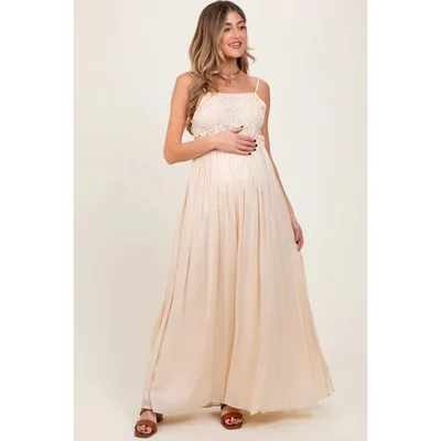 Target PinkBlush Beige Lace Bodice Cutout Tie Back Maternity Maxi Dress Beige Small
