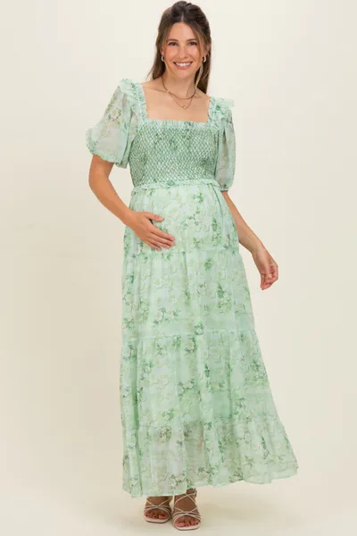 PinkBlush Mint Floral Chiffon Smocked Maternity Maxi Dress