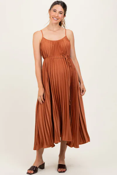 PinkBlush Rust Pleated Sash Tie Maternity Midi Dress