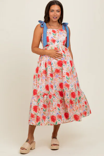 PinkBlush Red Floral Contrast Shoulder Tie Maternity Midi Dress