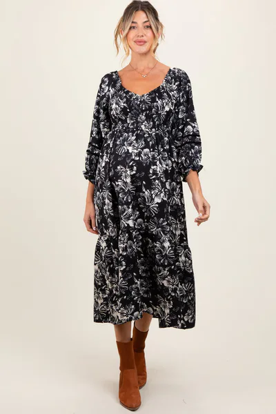 PinkBlush Black Floral Smocked 3/4 Sleeve Tiered Maternity Midi Dress