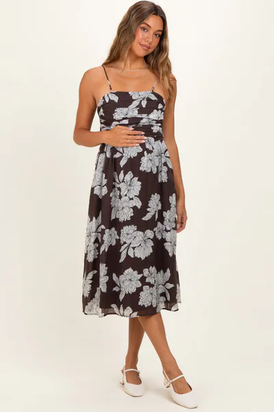 PinkBlush Brown Floral Tie Back Maternity Midi Dress