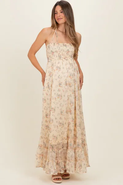 PinkBlush Yellow Floral Smocked Open Back Maternity Maxi Dress