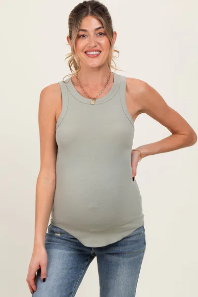 PinkBlush Light Olive Ribbed Basic Crew Neck Maternity Tank
