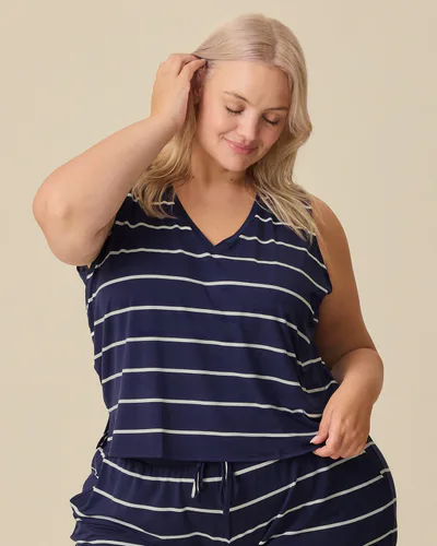 Kindred Bravely Aria Bamboo Cropped V-neck Tank | Navy & White Stripe