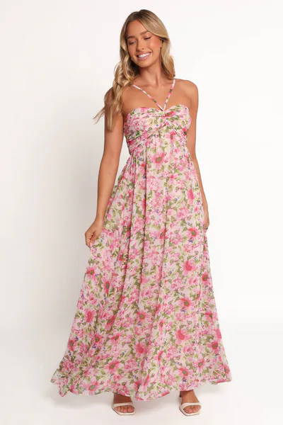 Petal & Pup Cascade Halterneck Maxi Dress - Carmine Rose