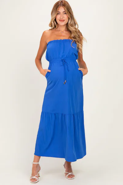 PinkBlush Capri Blue Strapless Cinched Waist Tie Maternity Maxi Dress